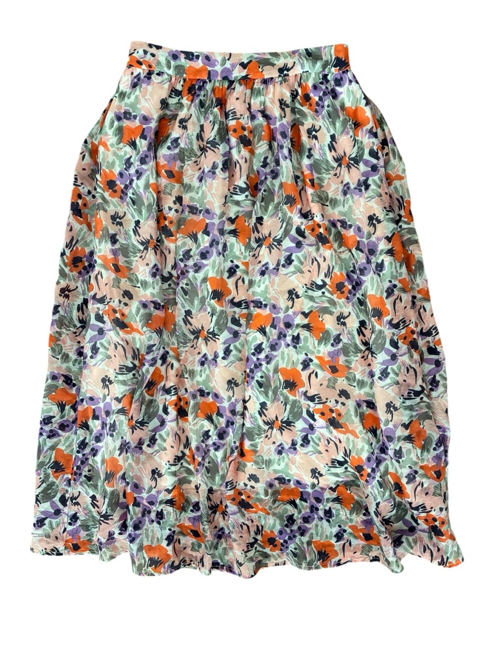 ASTR Floral Midi Skirt in Peach, Orange Lavender & Sage Pockets Flowy Medium
